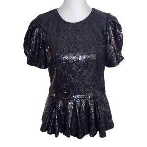 Antonio Melani Black Sequin Peplum Top with Puffy Sleeves Size 2 NWT